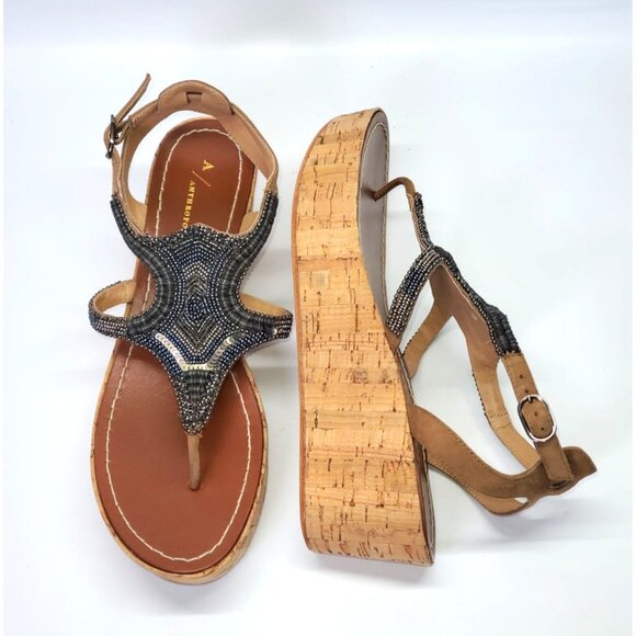 Anthropologie Women's Metallic Beaded Cork Platform Sandals Size 39 (9) 1446 - Picture 6 of 12